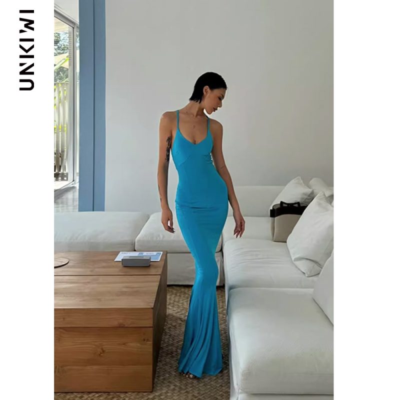 New In Dresses Women's Blue Elastic Spaghetti Straps Ankle Length Dresses Slip Party Cocktail Evening Dress Holiday Beach Wear