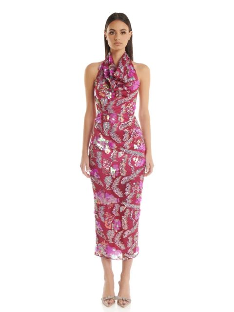 Sexy Halter Neck Luxury Sequins Midi Dress Women Sleeveless Backless Bright Sequined Slim Dresses Evening Party Cocktail Gowns