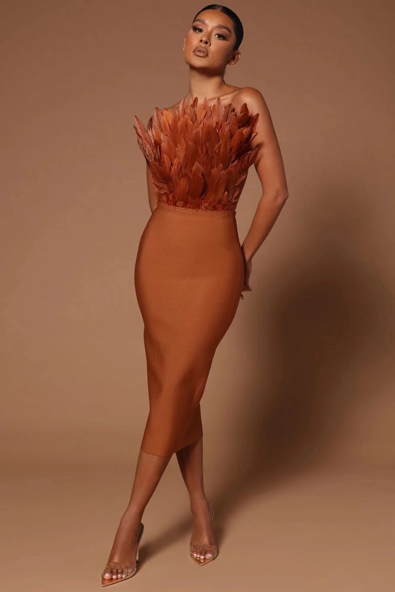 STOCK New Arrival 3 Colors Gorgeous FeathersStrapless Bodycon Bandage Dress Elegant Woman Party Dress Cocktail Party Vestido - Image 6