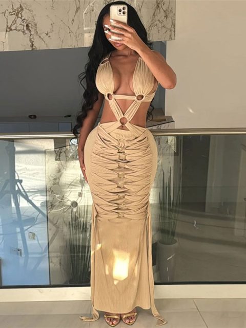 Sexy Women's Cross Hollow Out Long Dress Luxury Backless Chic Curvy Dresses Coquette Beach Birthday Party Evening Cocktail Pink