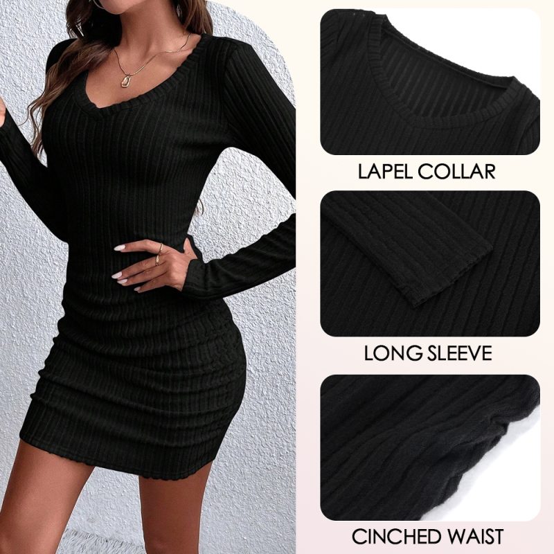 Mia Muse Women's Dresses Fall Winter Ribbed Knitted Slim Plain Sexy V-Neck Bodysuit Mini Casual Long Sleeve Short Dresses - Image 3