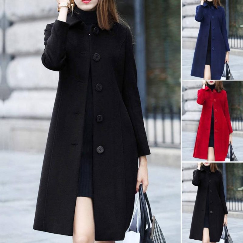 New Fashion British Solid Button Wool Coat Women Long Sleeve Jackets Woman Elegant Pocket Slim Outfit Mujer - Image 4