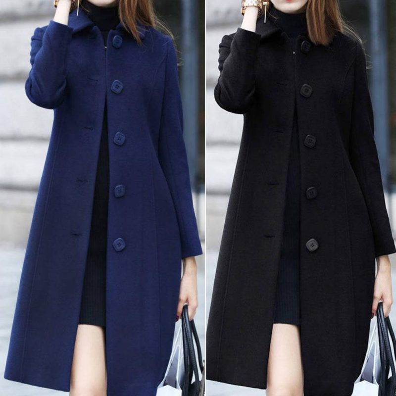 New Fashion British Solid Button Wool Coat Women Long Sleeve Jackets Woman Elegant Pocket Slim Outfit Mujer - Image 5
