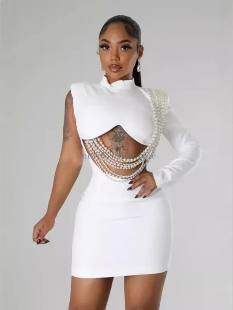 Sexy Club Party Night Pearl String Dresses for Women Skinny Slim Full Sleeve Elegant Dress Birthday Party Vestidos Mini Dresses