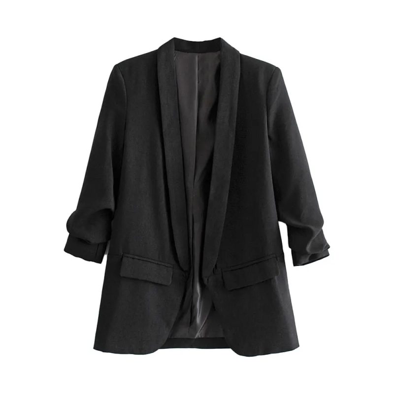 TRZA Women Fashion Office Wear Open Blazer Coat Vintage Long Pleated Sleeves Flap Pockets Female Outerwear Chic Tops - Image 8