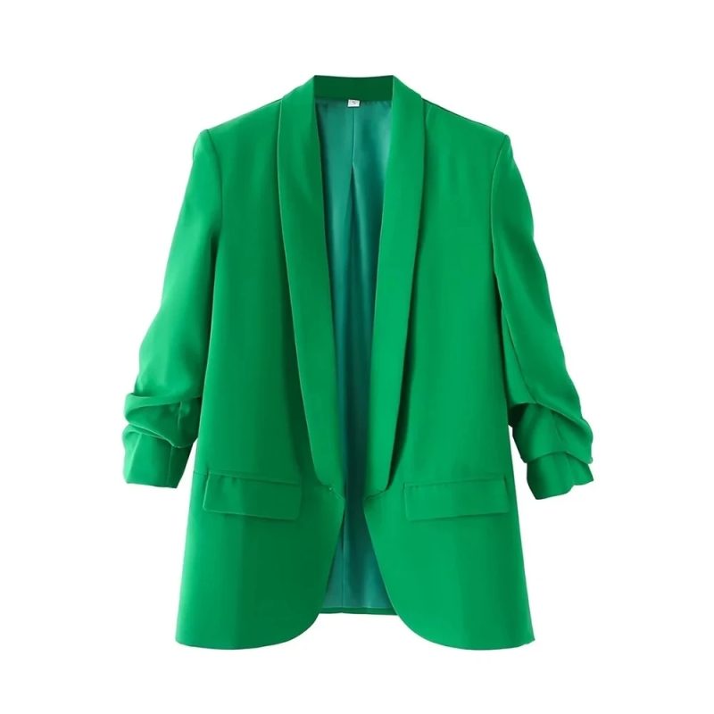 TRZA Women Fashion Office Wear Open Blazer Coat Vintage Long Pleated Sleeves Flap Pockets Female Outerwear Chic Tops - Image 9