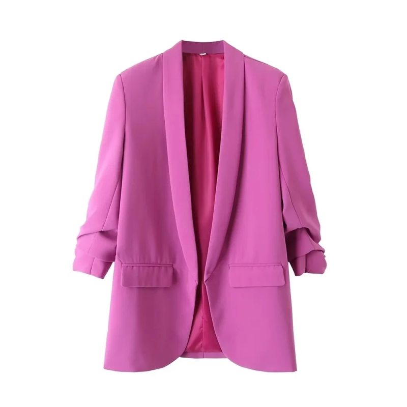 TRZA Women Fashion Office Wear Open Blazer Coat Vintage Long Pleated Sleeves Flap Pockets Female Outerwear Chic Tops - Image 12