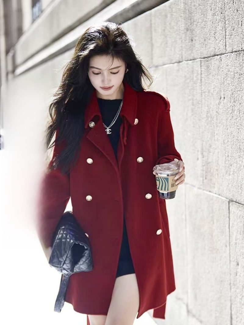 Shoulder Cover Office Lady Marth Red Woolen Jackets 2024 Autumn And Winter Double Breasted Lace-Up Women's 100% Wool Coats