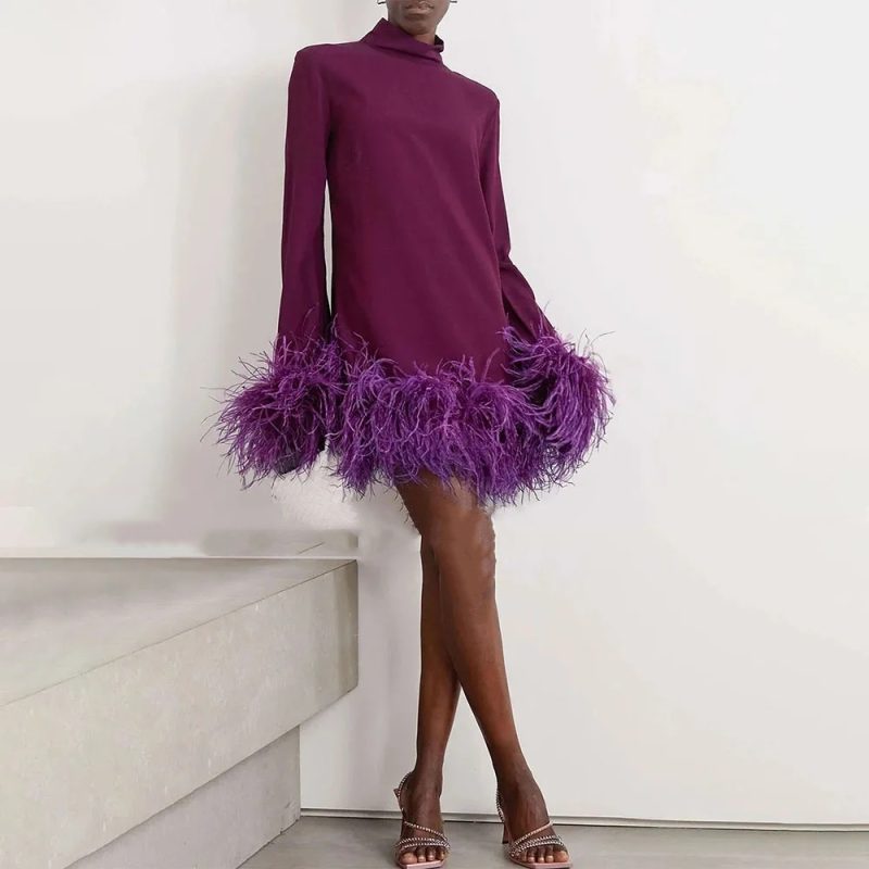 Mini Feather Long Sleeves Luxury Women's Cocktail Gowns Short A Line High Collar Cut Out Sexy Party Gown Evening Party Dress - Image 3