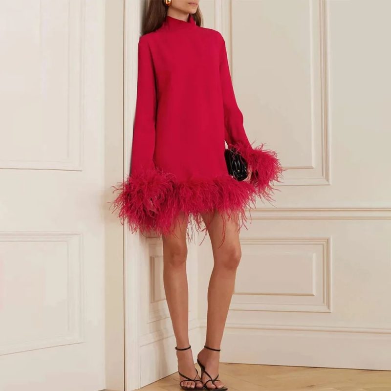 Mini Feather Long Sleeves Luxury Women's Cocktail Gowns Short A Line High Collar Cut Out Sexy Party Gown Evening Party Dress - Image 4