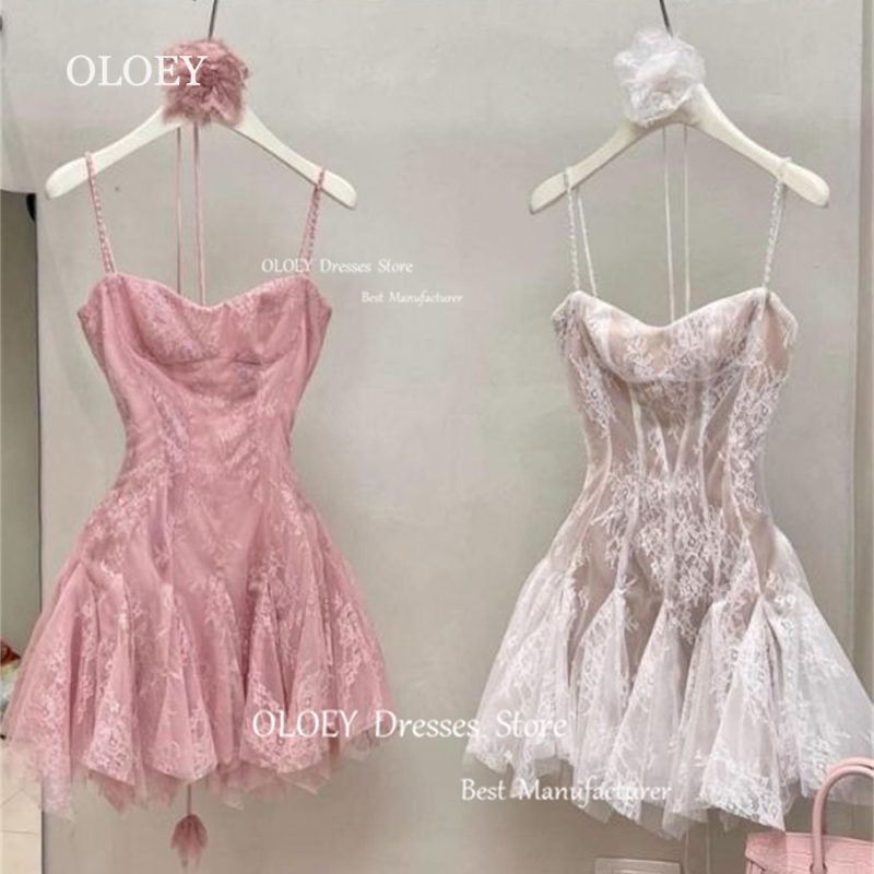 OLOEY Sexy Lace Mini Prom Cocktail Dresses Sweetheart Pleated Tulle Evening Dresses Beading Spaghetti Straps Women Beach Dresses