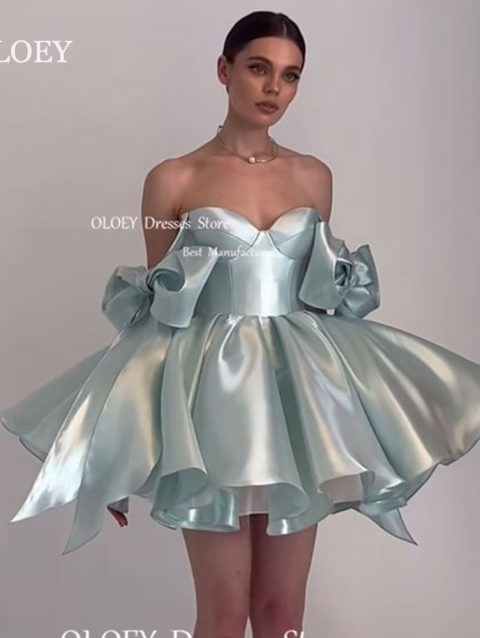 OLOEY Sexy Sweetheart Mini Prom Cocktail Dresses Ribbon Bow Sleeves Pleated Satin Evening Dress Customized Wedding Party Dress
