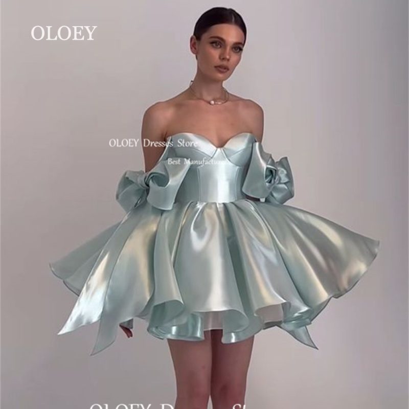 OLOEY Sexy Sweetheart Mini Prom Cocktail Dresses Ribbon Bow Sleeves Pleated Satin Evening Dress Customized Wedding Party Dress