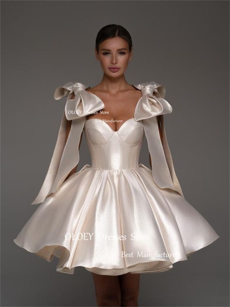 OLOEY Sexy Sweetheart Mini Prom Cocktail Dresses Ribbon Bow Sleeves Pleated Satin Evening Dress Customized Wedding Party Dress - Image 2
