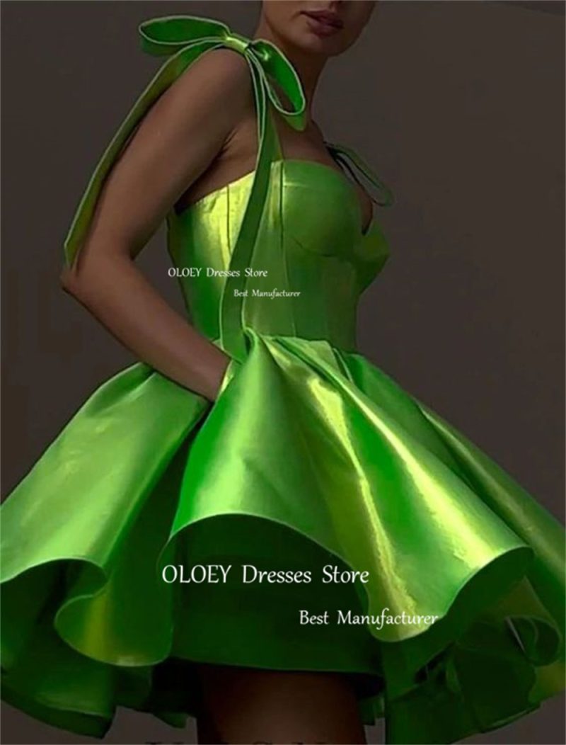 OLOEY Sexy Sweetheart Mini Prom Cocktail Dresses Ribbon Bow Sleeves Pleated Satin Evening Dress Customized Wedding Party Dress - Image 3