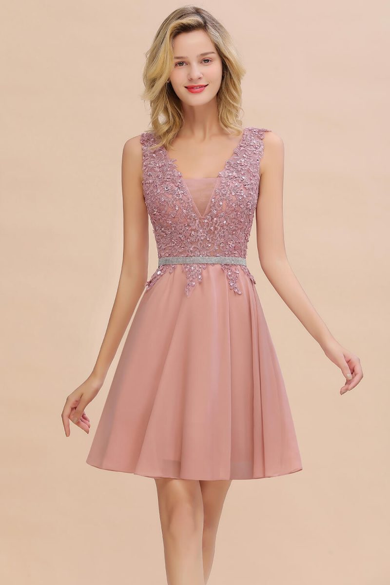 Newest Dusty Pink Sequins Lace Cocktail Dresses With Sashes Sexy V neck A Line Chiffon Short Party Gowns For Prom Evening 2025 - Image 3
