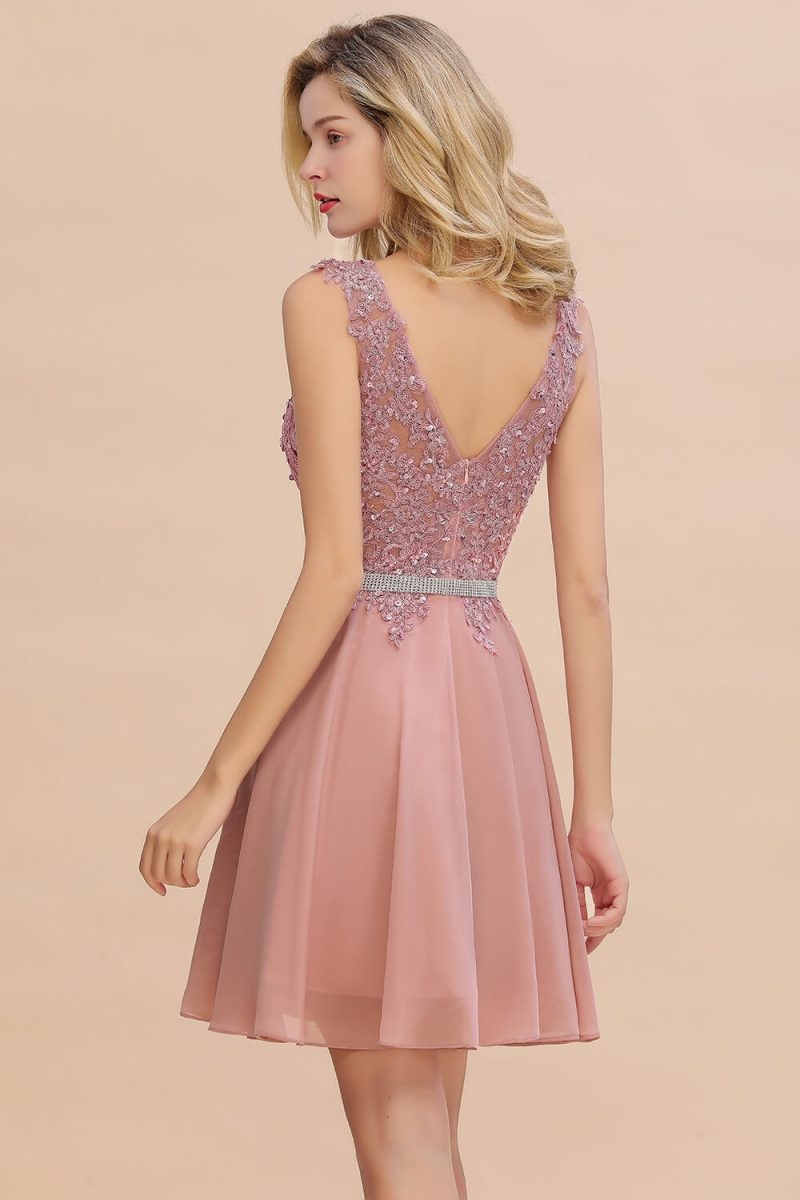 Newest Dusty Pink Sequins Lace Cocktail Dresses With Sashes Sexy V neck A Line Chiffon Short Party Gowns For Prom Evening 2025 - Image 5