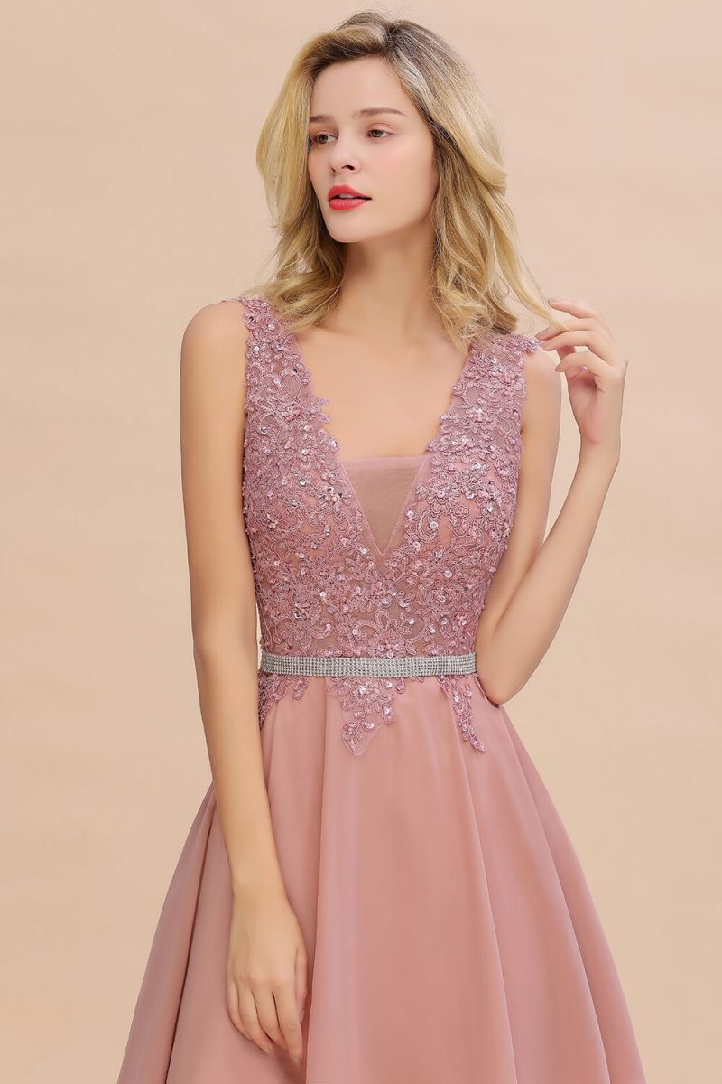 Newest Dusty Pink Sequins Lace Cocktail Dresses With Sashes Sexy V neck A Line Chiffon Short Party Gowns For Prom Evening 2025 - Image 6