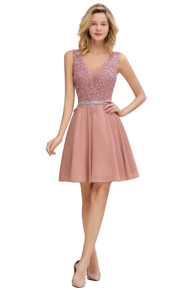 Newest Dusty Pink Sequins Lace Cocktail Dresses With Sashes Sexy V neck A Line Chiffon Short Party Gowns For Prom Evening 2025 - Image 10