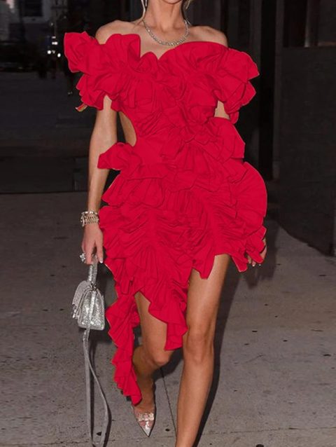 Luxury Red Sexy Ruffles Women Party Prom Dress 2025 Runway Fashion Sleeveless Ruched Backless Club Evening Cocktail Dresses Y2K