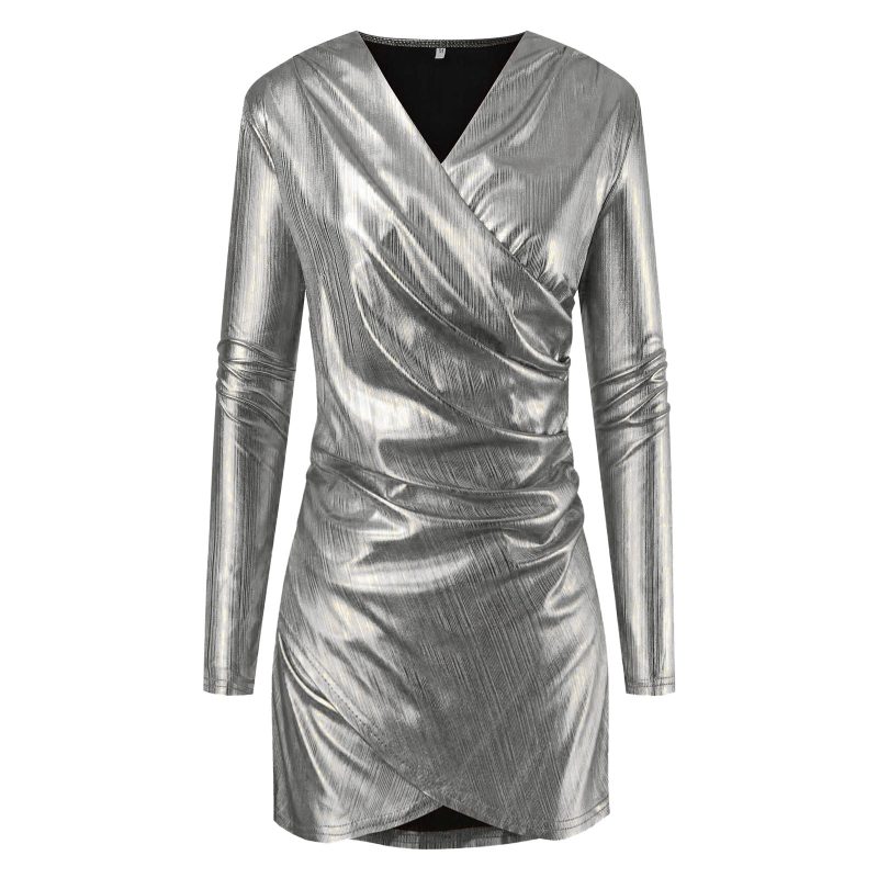 Women Luxury Short Dress Glitter Long Sleeve V-Neck Pleated Evening Party Dress Bodycon Wrapped Hip Cocktail Sexy Mini Dress - Image 5