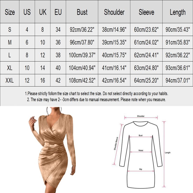 Women Luxury Short Dress Glitter Long Sleeve V-Neck Pleated Evening Party Dress Bodycon Wrapped Hip Cocktail Sexy Mini Dress - Image 6