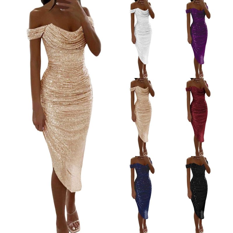 Off Shoulder Sequin Prom Womens' Dresses Sparkly Midi Evening Party Dress Cowl Neck Homecoming Dress Cocktail Party Dresses - Image 2