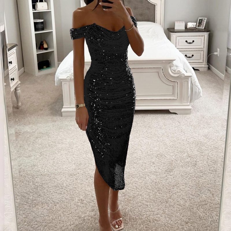 Off Shoulder Sequin Prom Womens' Dresses Sparkly Midi Evening Party Dress Cowl Neck Homecoming Dress Cocktail Party Dresses - Image 4