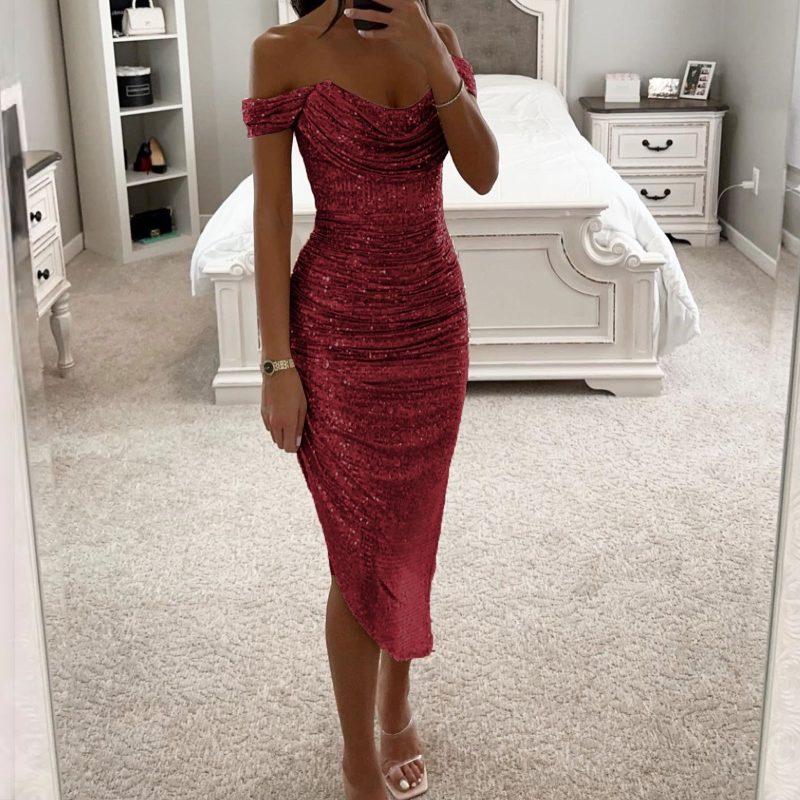Off Shoulder Sequin Prom Womens' Dresses Sparkly Midi Evening Party Dress Cowl Neck Homecoming Dress Cocktail Party Dresses - Image 5