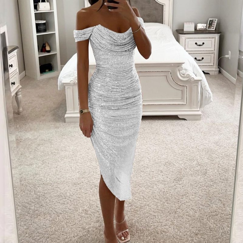 Off Shoulder Sequin Prom Womens' Dresses Sparkly Midi Evening Party Dress Cowl Neck Homecoming Dress Cocktail Party Dresses - Image 6