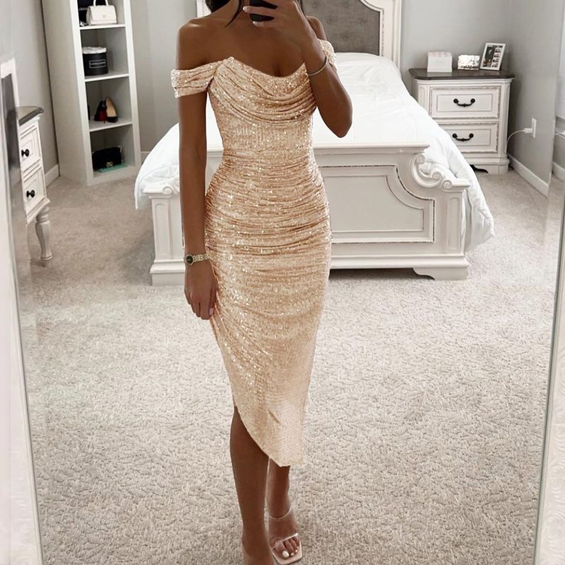 Off Shoulder Sequin Prom Womens' Dresses Sparkly Midi Evening Party Dress Cowl Neck Homecoming Dress Cocktail Party Dresses - Image 8
