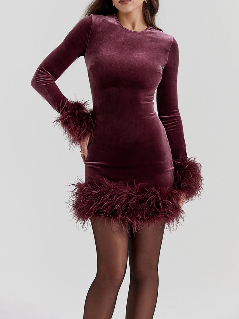 Hot New Sexy Women Bodycon Dress Long Sleeve Crew Neck Feather Patchwork Slim Fit Mini Dress for Party vestidos para mujer - Image 5