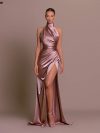 Women Elegant Long Evening Cocktail Party Dress Sexy Halter Backless Ruched High Split Bodycon Wedding Guest Bridesmaid Dress