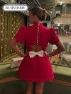 Women Red Bow Mini Dress Short Sleeve Fashion Pad Shoulder Dresses Backless Hollow Out Ladies Summer Chic A-line Party Vestidos