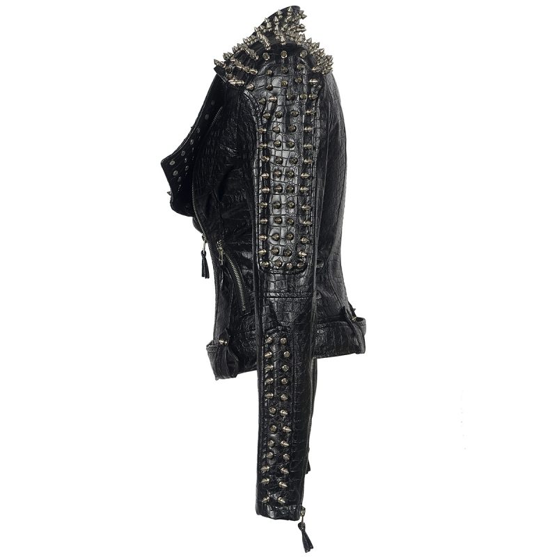 2025 Steampunk Rock Rivet Women's Leather Jacket Slim Short Streetwear Gothic Embroidery PU Leather Locomotive Coat Femme - Image 3