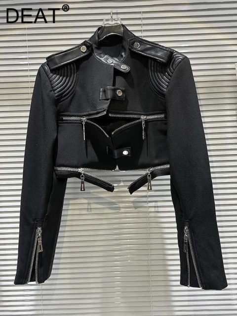 DEAT 2024 Autumn Fashion Zipper Design Stand Collar PU Leather Coat For Women Long Sleeve O-neck Shoulder Pad Jacket 11XX6865