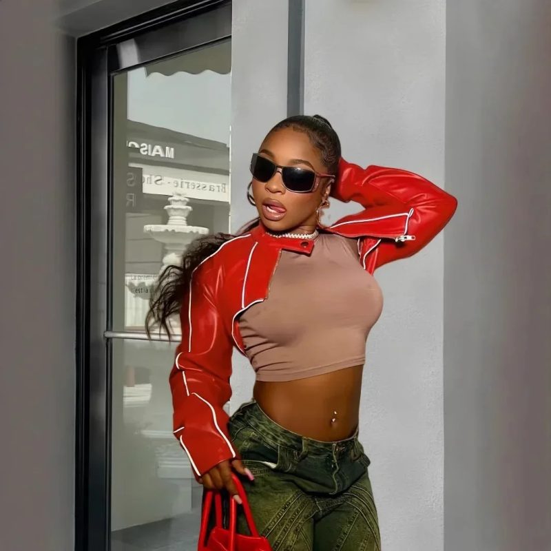 Red jacket Ladies Pu Leather Long Sleeve Crop Tops With Zipper Pu Leather Jacket Women Patent Leather Cropped Coat Short Jackets - Image 6