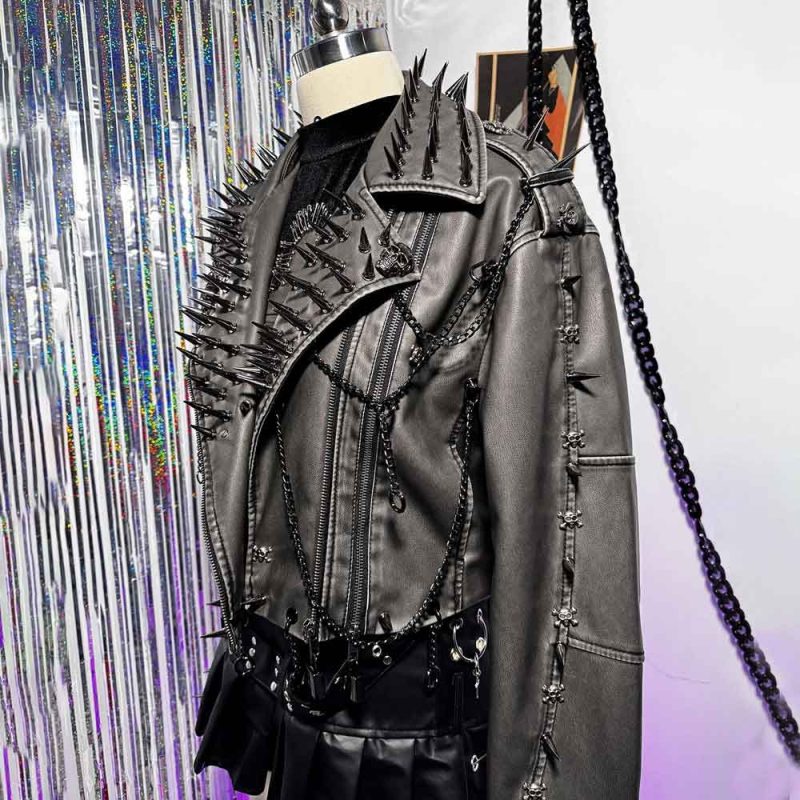 Emo E-Girls Gothic Grunge Harajuku Y2K PU Leather Jacket Spike Studded Rivet Punk Rock Goth Chain Trendy Vintage Coat