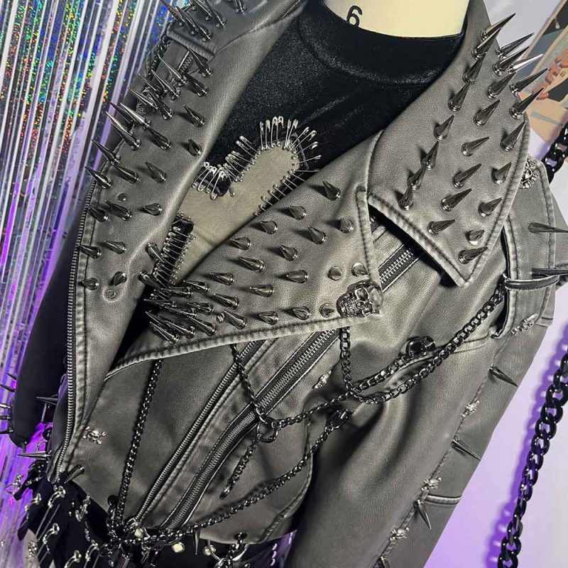 Emo E-Girls Gothic Grunge Harajuku Y2K PU Leather Jacket Spike Studded Rivet Punk Rock Goth Chain Trendy Vintage Coat - Image 3