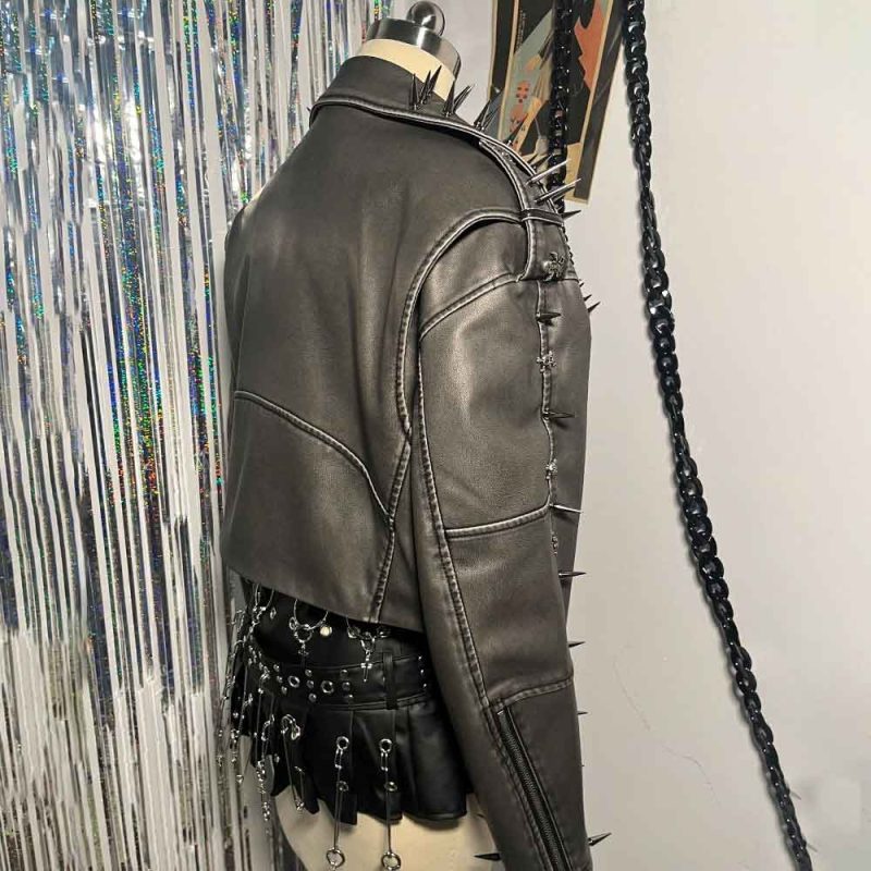 Emo E-Girls Gothic Grunge Harajuku Y2K PU Leather Jacket Spike Studded Rivet Punk Rock Goth Chain Trendy Vintage Coat - Image 4