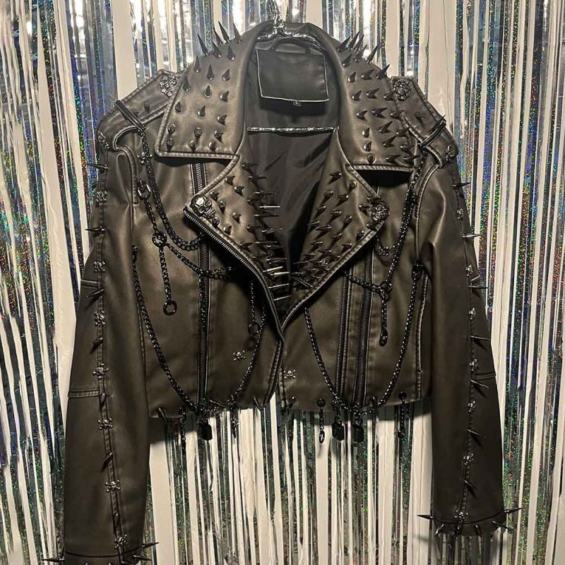 Emo E-Girls Gothic Grunge Harajuku Y2K PU Leather Jacket Spike Studded Rivet Punk Rock Goth Chain Trendy Vintage Coat - Image 7