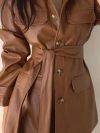 Chic Retro Long Sve Collar Single Button Multi ket Waist Cinched Leather Jaet Coat for Women mid Length Outerwear