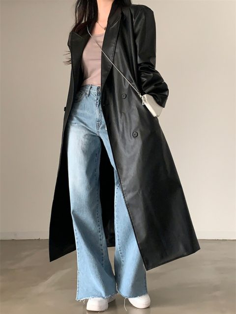 Women Fahion Chic Black Long Trech Faux Leather Jacket Women's Korean Autumn 2024 Casual Pu coats Womens (hf1907
