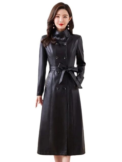 Leather Trench Coat For Women X-Long Windbreaker Double-Breasted Belt Slim Outerwear Ladies Coats Large Size M-7XL Spring Autumn