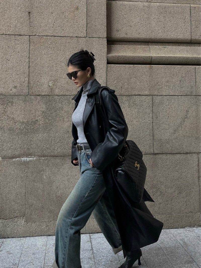 New Autumn Winter Fashion Black Brown Retro Medium and Long Knee Pu Leather Jacket High-end Women's Loose Leather Trench Coat - Image 8