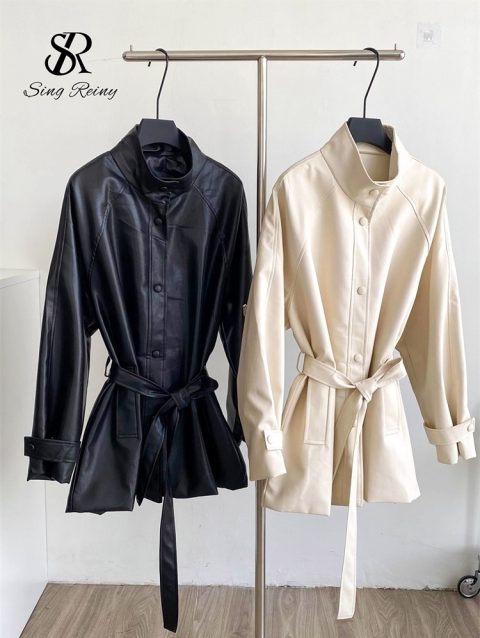 SINGREINY England Styles Midi Coat Stand Collar Long Sleeve Lace Up Skinny Design Fashion Vintage Solid Women PU Leather Jackets