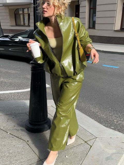 Street Leather Jacket Long Skirt Sets Women Stand Collar Long Sleeve Jackets Spliced Solid Skirts 2025 Autumn Lady Y2k Outfits