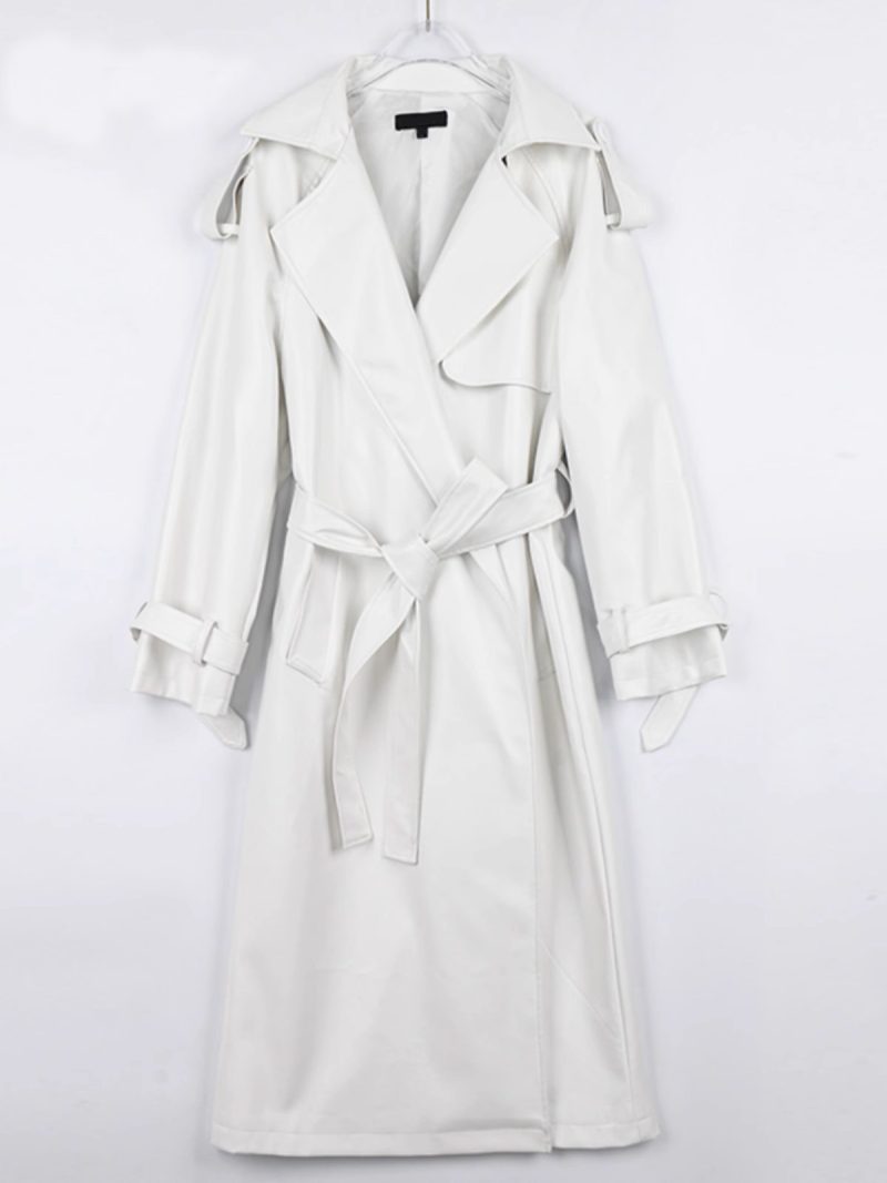 Mauroicardi Spring Autumn Black Long Soft Pu Leather Trench Coat for Women Sashes Loose Casual White Waterproof Overcoat 2025