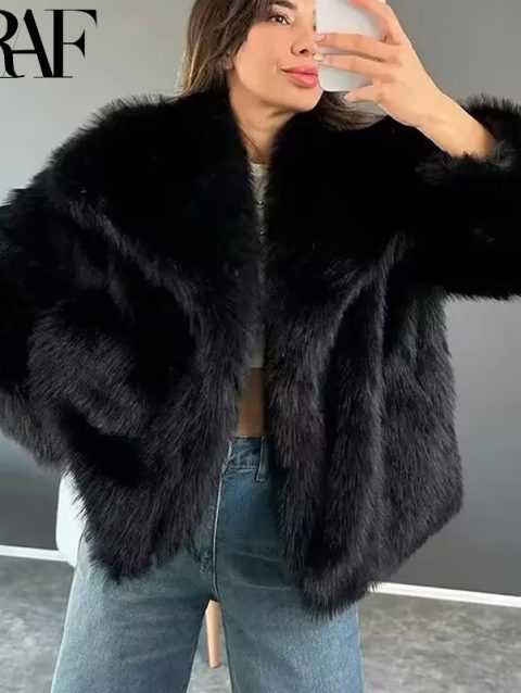 TRAF Winter Faux Fur Coat 2024 Woman New in coats Autumn Fur Plush Fluffy Jacket Warm Red Gray Black White Fur Coat Outerwears