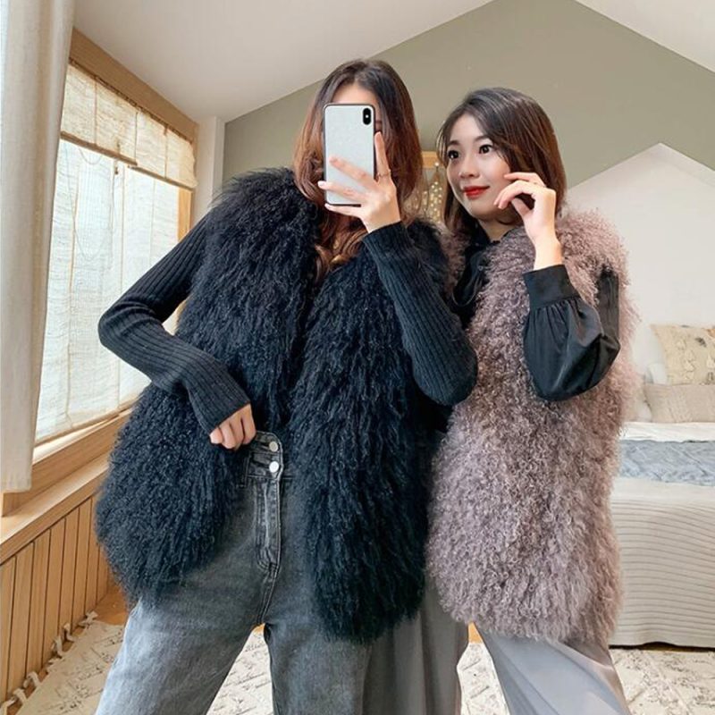 New Real Sheep Fur Vest 100% Natural Mongolia Fur Gilet Pure Long Fur Genuine Fur Oversize Vest ksr801